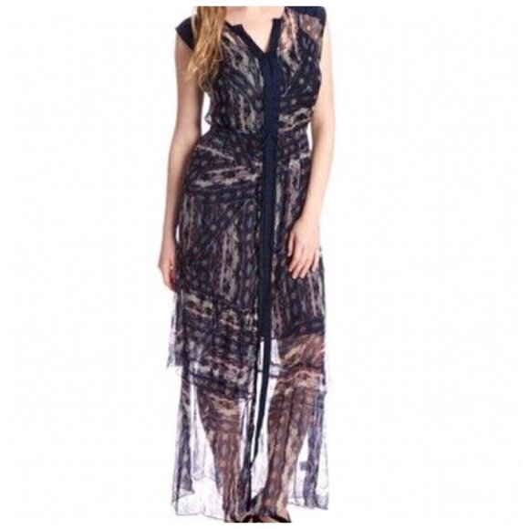 Of Two Minds Sz S Long Blue Chiffon Duca Maxi Dress from Calypso Drawstring - Picture 4 of 11